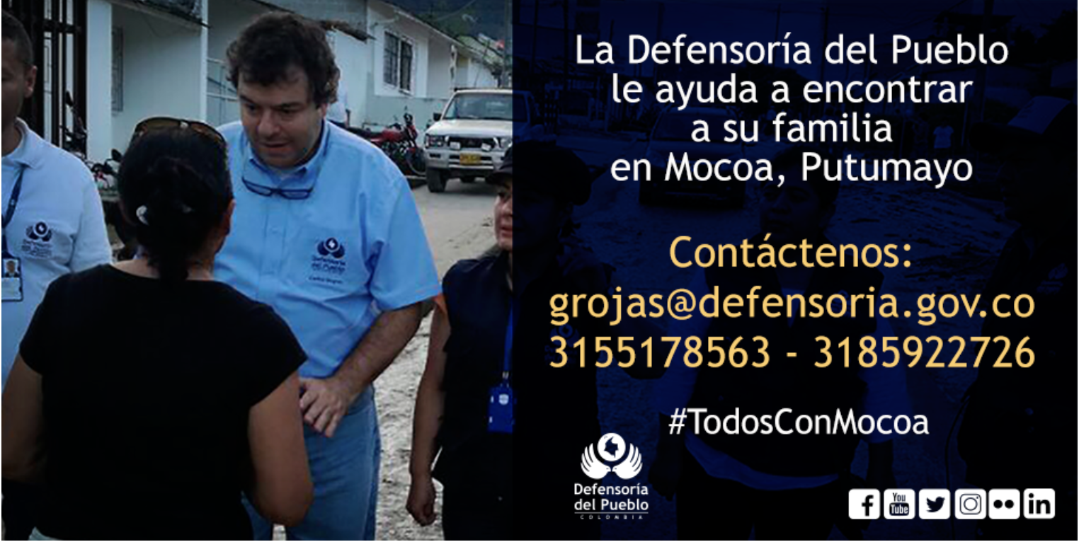 Defensoría del Pueblo habilita canales de contacto para facilitar ubicación de personas desaparecidas por avalancha en Mocoa