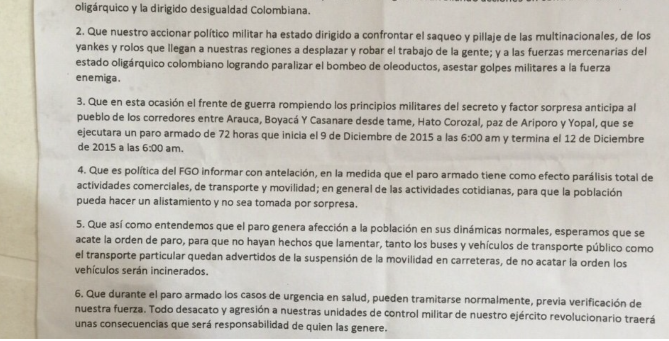 Panfleto a nombre de la guerrilla del ELN