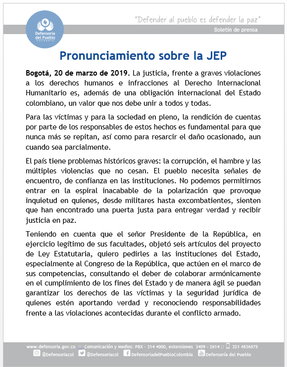 Pronunciamiento del Defensor del Pueblo sobre la Jurisdicción Especial para la Paz (JEP)