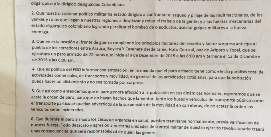 Panfleto a nombre de la guerrilla del ELN