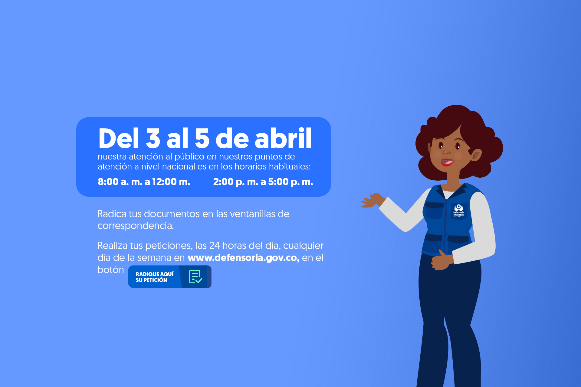 Defensoría del Pueblo mantiene sus canales de atención los días 3, 4 y 5 de abril