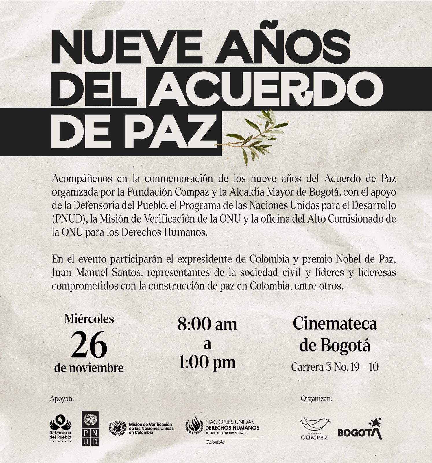 Flyer de invitación al evento: 9 Años del Acuerdo de Paz
