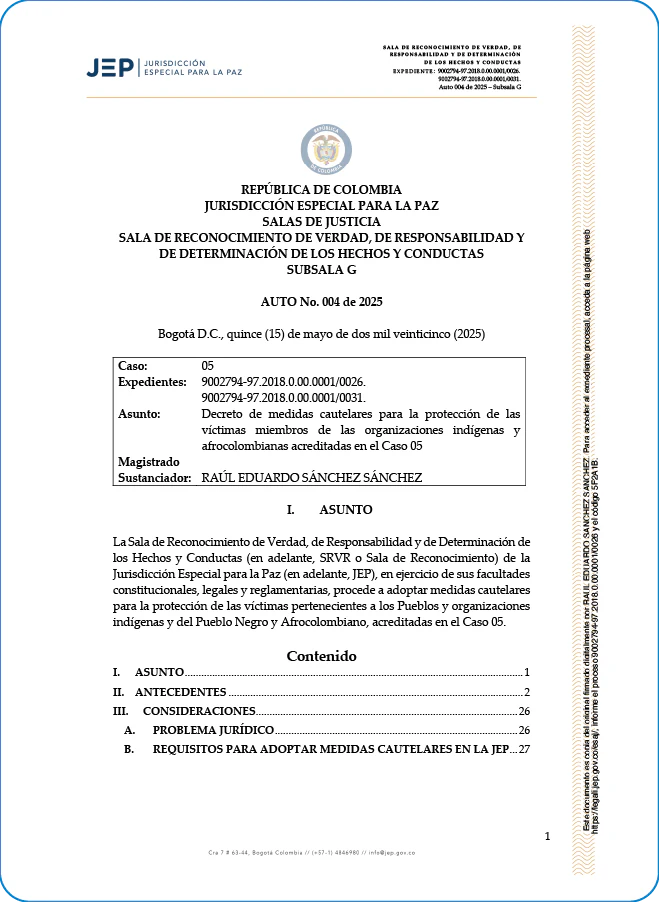 Primera página del Auto n.º 004 de 2025 de la Jurisdicción Especial para la Paz, que decreta medidas cautelares en el Caso 05.