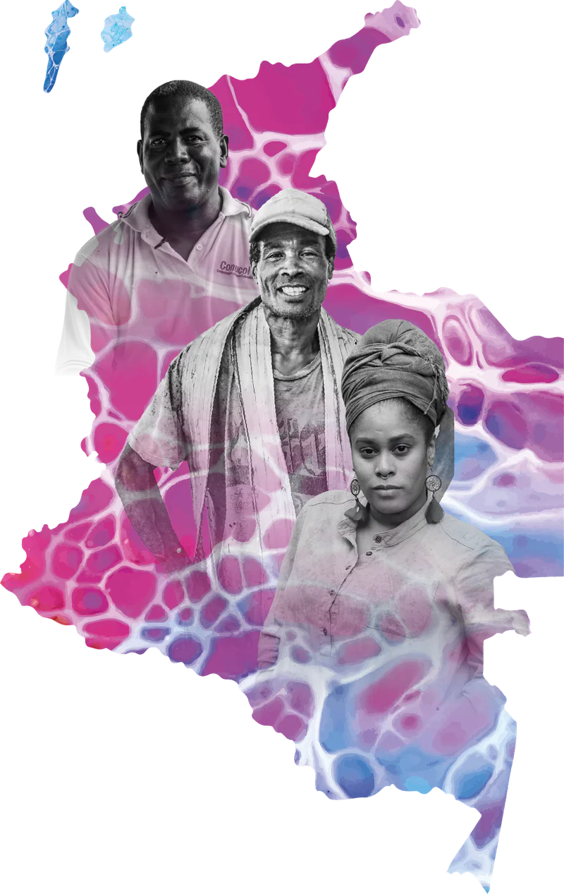 Mapa de Colombia pintado en acuarela magenta, fucsia y azul, con los retratos de tres personas líderes: un hombre afrodescendiente, un campesino con sombrero y pañuelo al hombro, y una mujer joven con turbante.