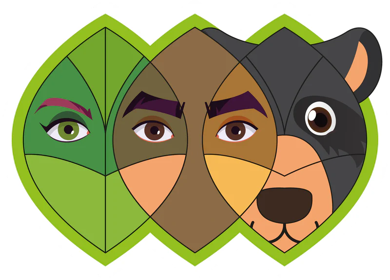 Emblema de #BuenFuturoHoy: los ojos de una mujer, de un hombre y de un oso de anteojos compuestos dentro de tres hojas verdes.