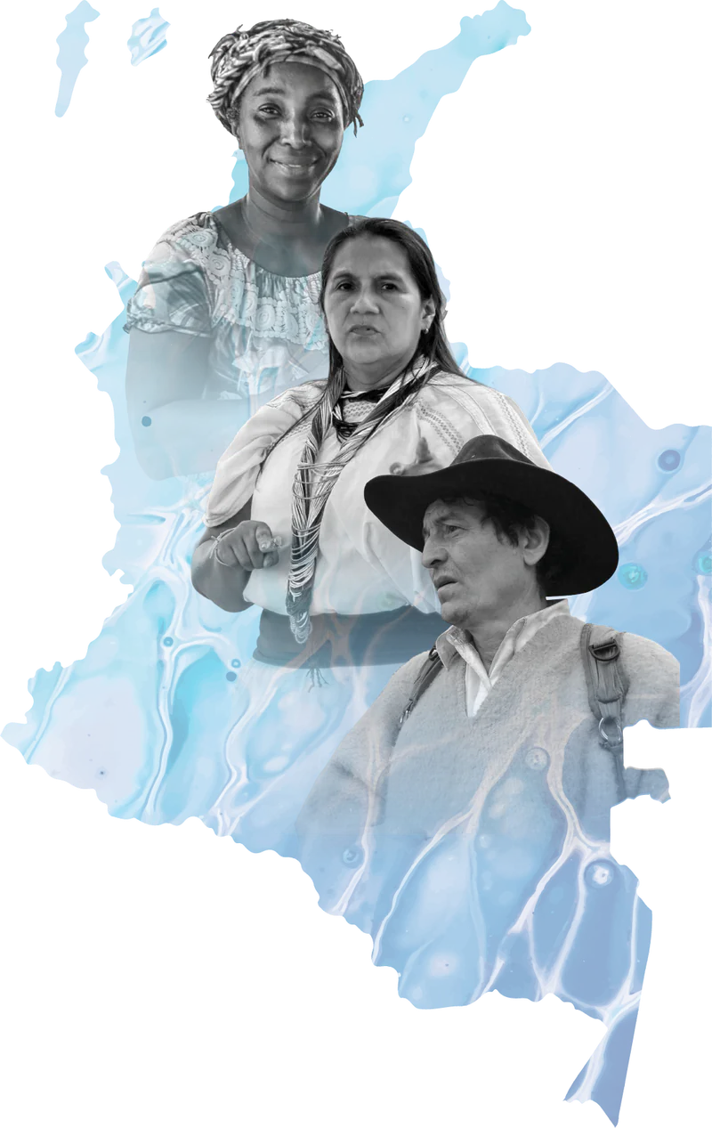 Mapa de Colombia en acuarela azul con los retratos de tres personas lideresas: una mujer afrodescendiente con turbante, una mujer indígena con collares y un hombre campesino con sombrero.