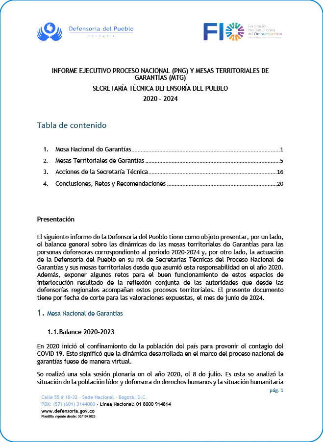 Primera página del informe ejecutivo de la Secretaría Técnica de la Mesa Nacional de Garantías y las Mesas Territoriales de Garantías, periodo 2020-2024.