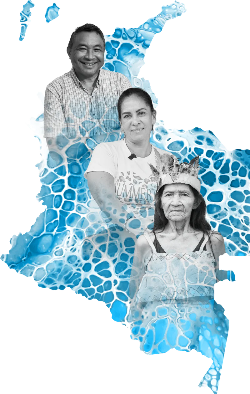 Mapa de Colombia en acuarela azul con los retratos de tres personas líderes y defensoras de derechos humanos: un hombre adulto, una mujer joven y una mujer mayor indígena.
