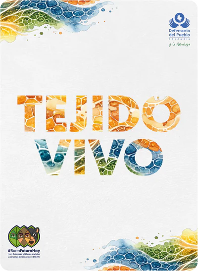 Afiche del logotipo Tejido Vivo, con las letras rellenas de acuarela y el sello #BuenFuturoHoy.