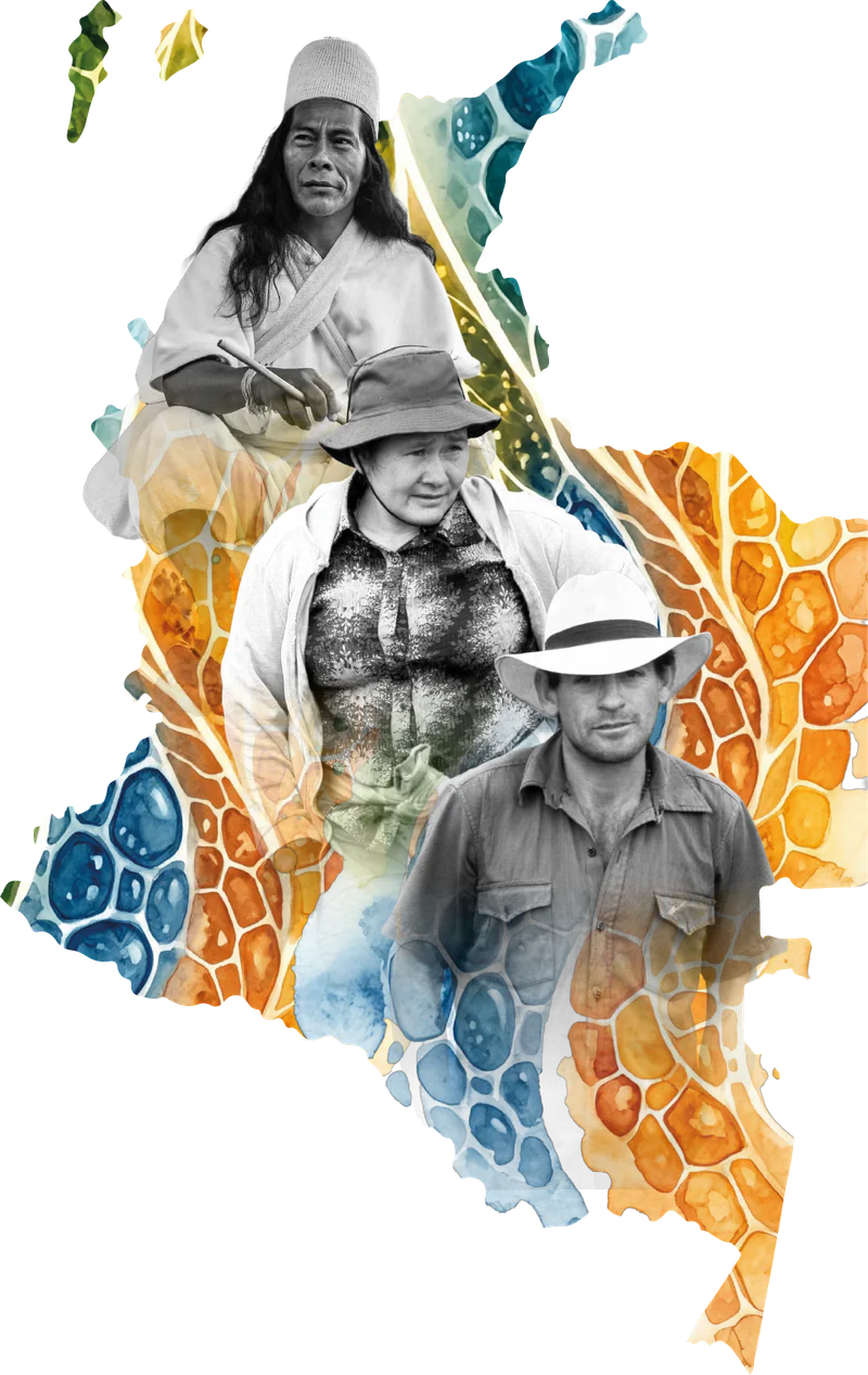 Mapa de Colombia pintado en acuarela con el collage de tres personas líderes y defensoras: una mujer indígena que escribe, una campesina con sombrero y un hombre con sombrero blanco.